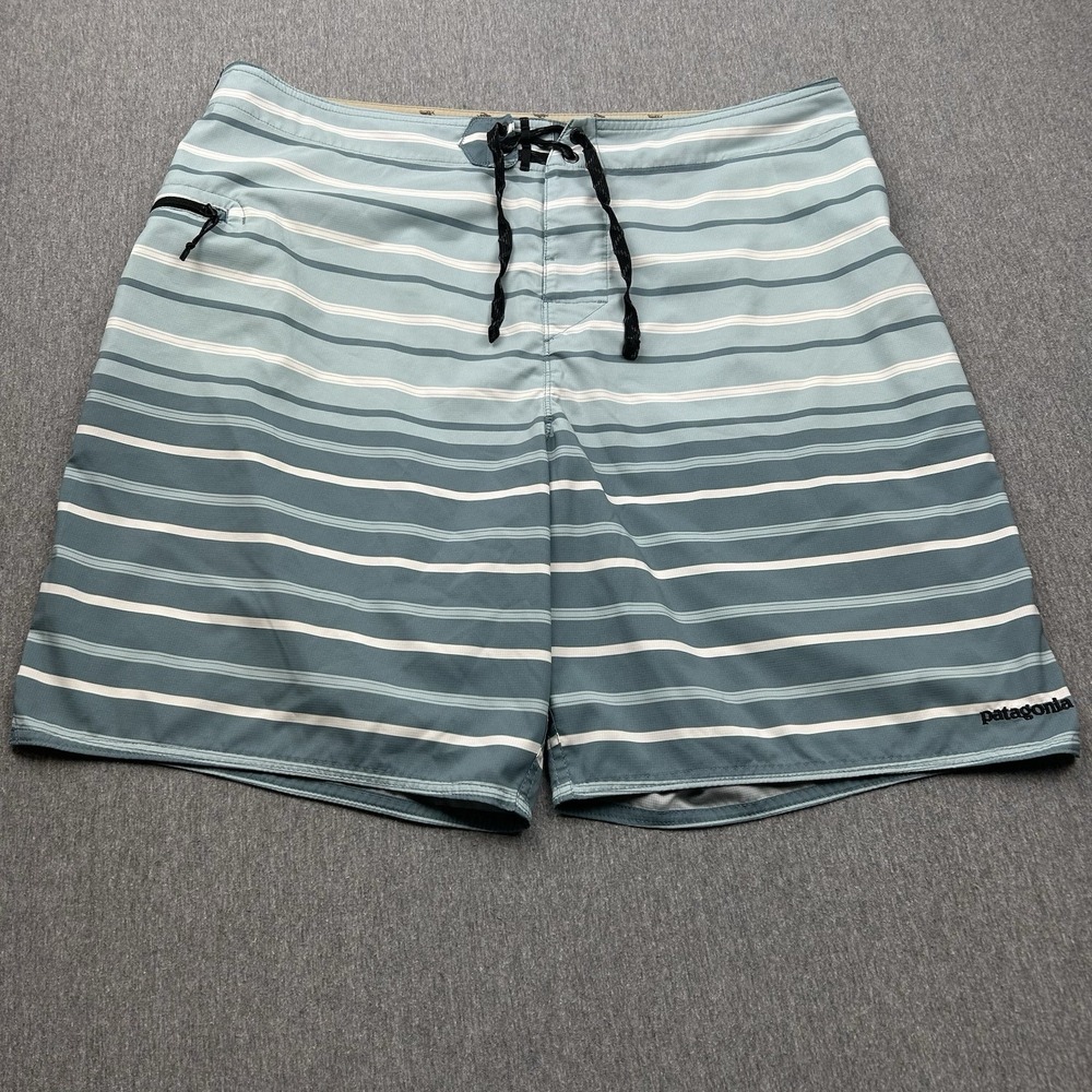 Patagonia Board Shorts‎ Mens 38 Blue Stripes 9" Inseam Drawstring Zip Pocket